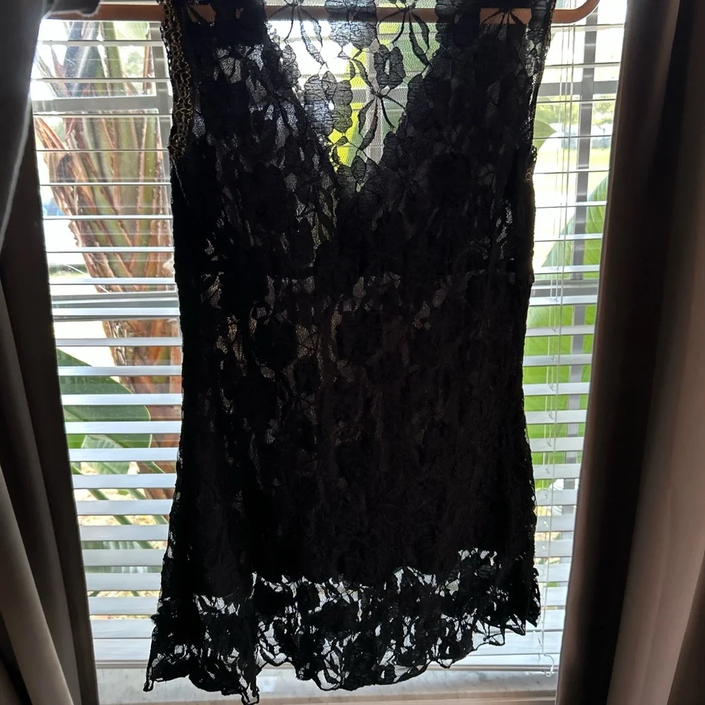Sexy Y2K sheer floral lace bow ribbon babydoll mini dress lingerie small
